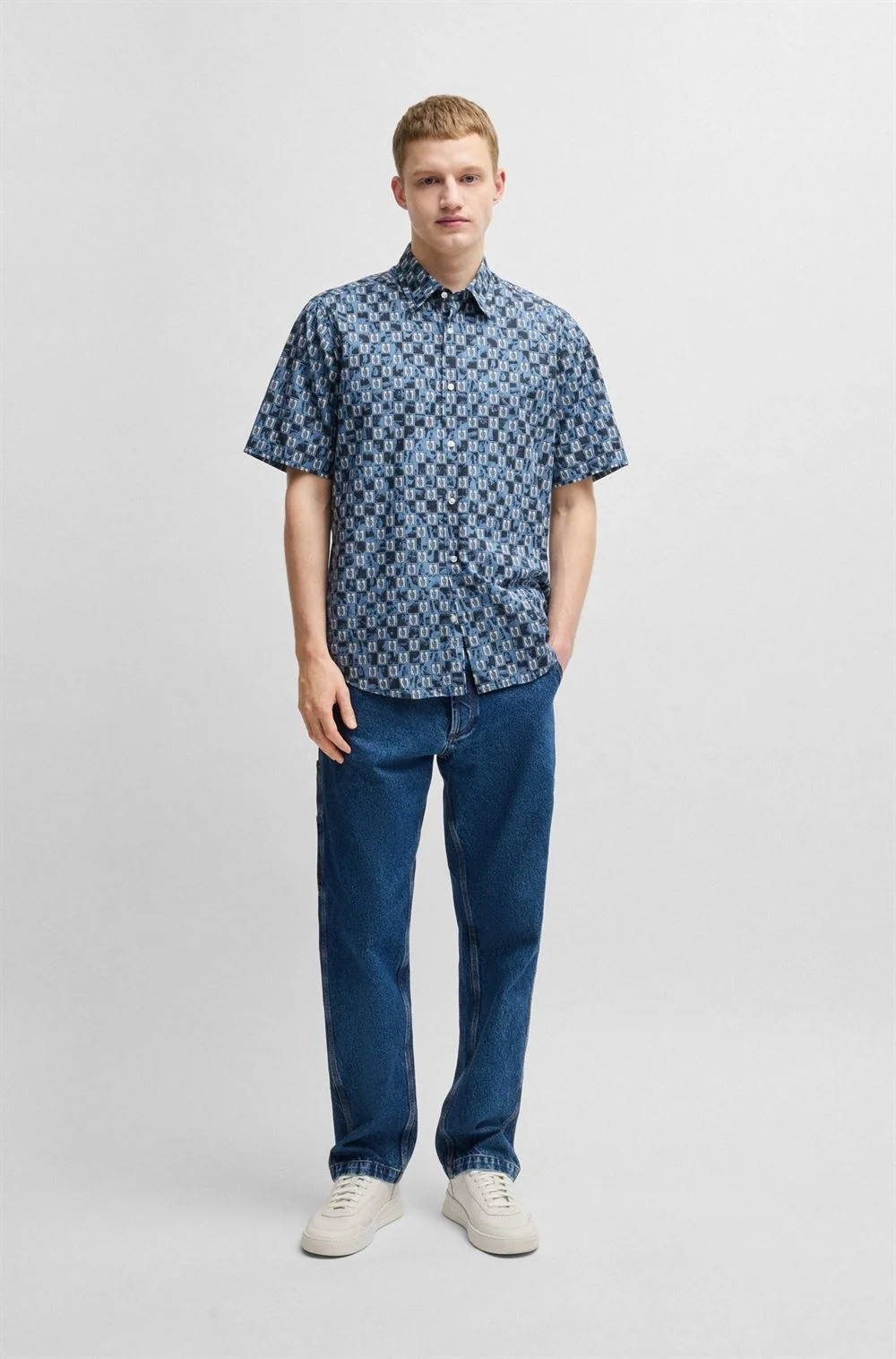 Boss Rash 2 Printed Cotton Poplin Shirt - Blue - M