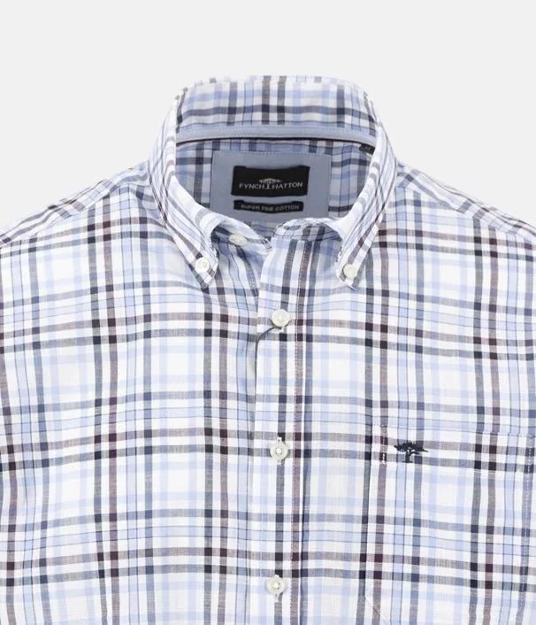 Fynch Hatton Slub Check Short Sleeved Shirt - Purple - M