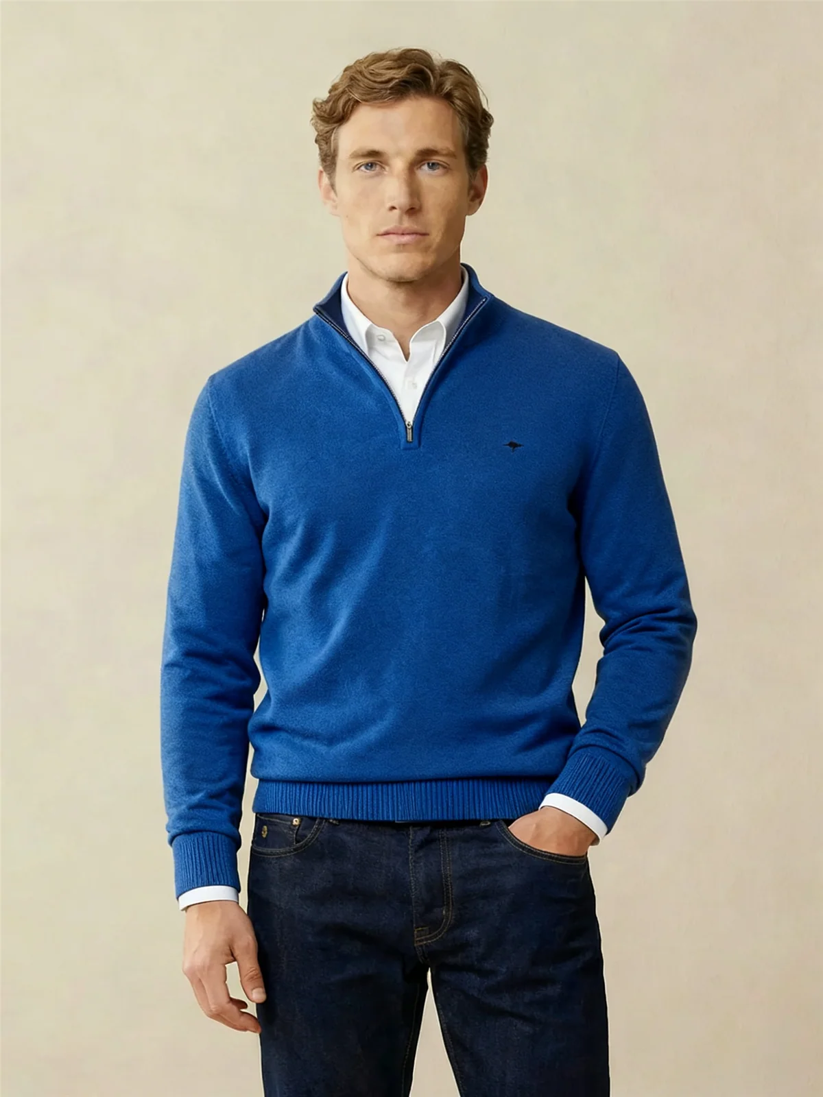 Fynch Hatton Cotton Troyer-Zip Structure Sweater - Blue - M