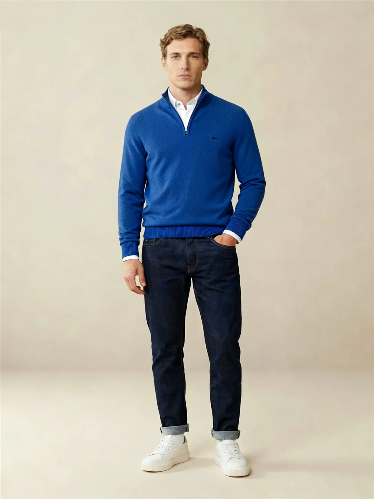 Fynch Hatton Cotton Troyer-Zip Structure Sweater - Blue - M