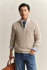 Gant Micro Textured Cotton Half Zip Sweater - Beige - L
