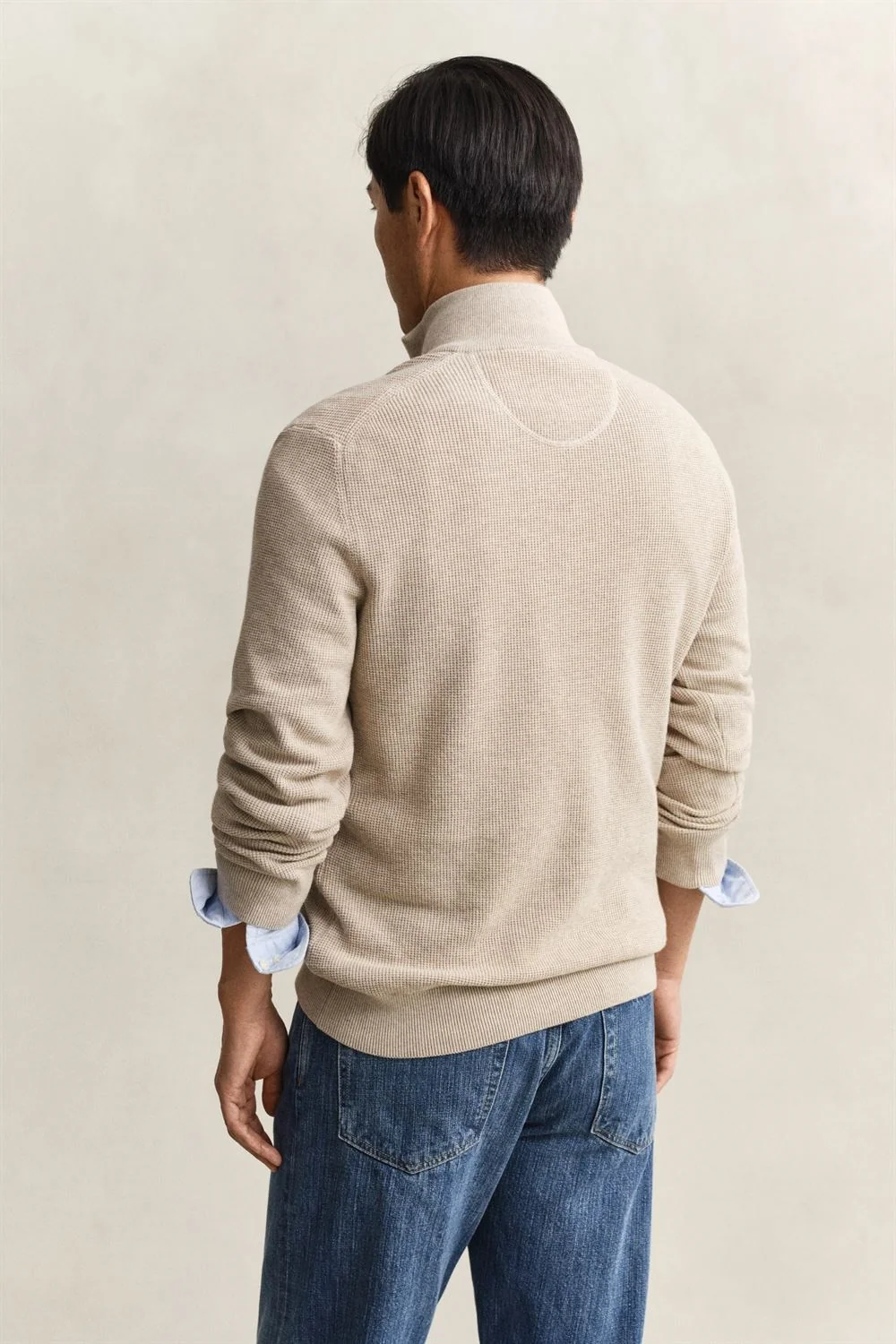 Gant Micro Textured Cotton Half Zip Sweater - Beige - L