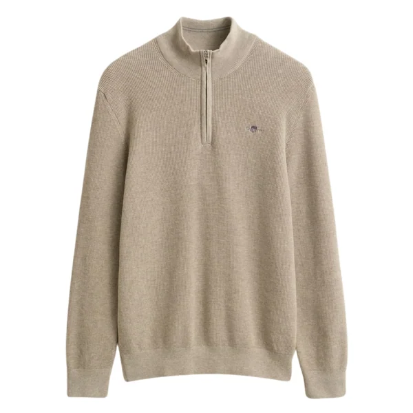 Gant Micro Textured Cotton Half Zip Sweater - Beige - L