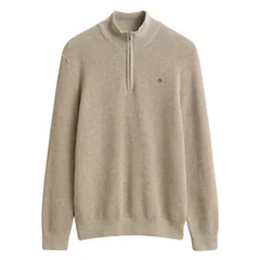 Gant Micro Textured Cotton Half Zip Sweater - Beige - L