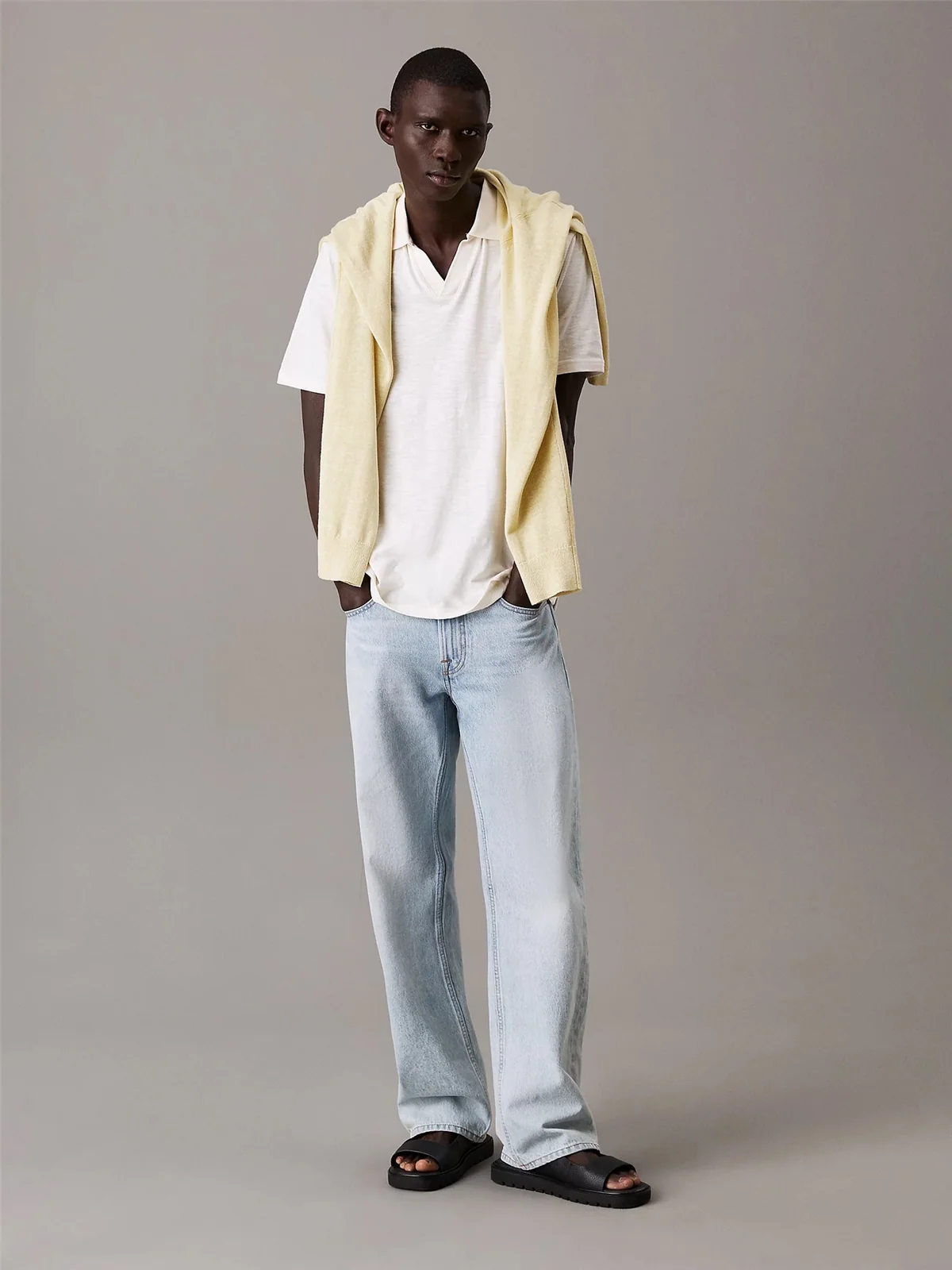 Calvin Klein Linen Cotton Cuban Collar Polo Shirt - White - L