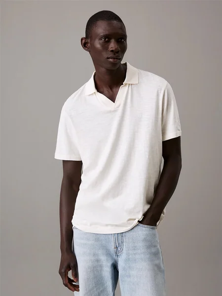Calvin Klein Linen Cotton Cuban Collar Polo Shirt - White - L