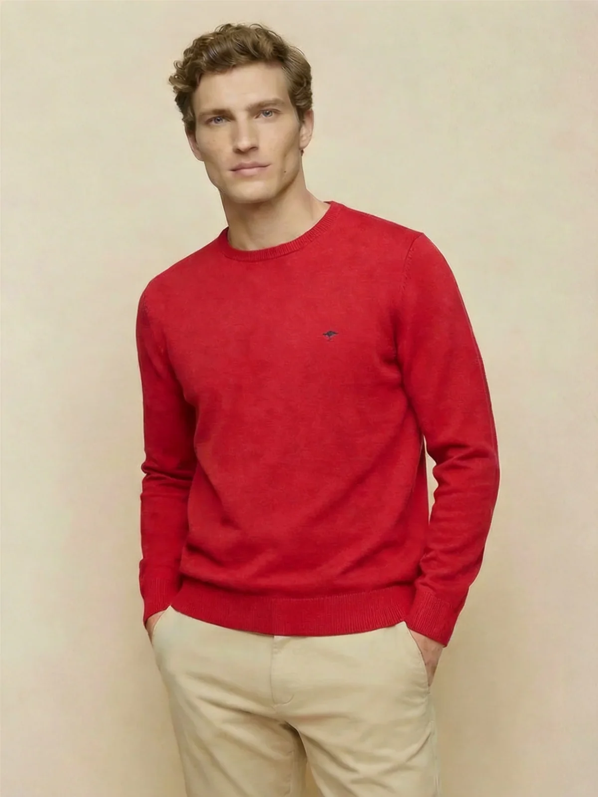 Fynch Hatton Fine Knit Cotton Crewneck Sweater - Red - L