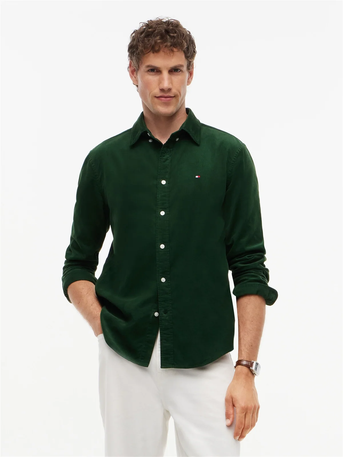 Tommy Hilfiger Solid Corduroy Button-Down Shirt - Green - 2XL