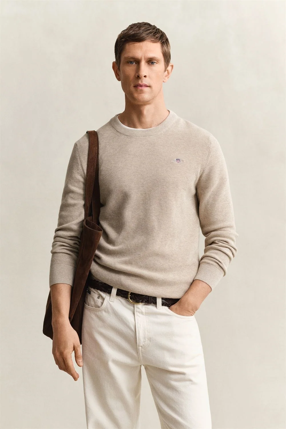 Gant Micro Textured Cotton Crew Neck Sweater - Beige - L