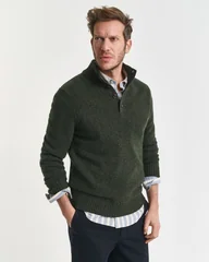 Gant Wool Blend Neps Half Buttoned Sweater - Green - XL