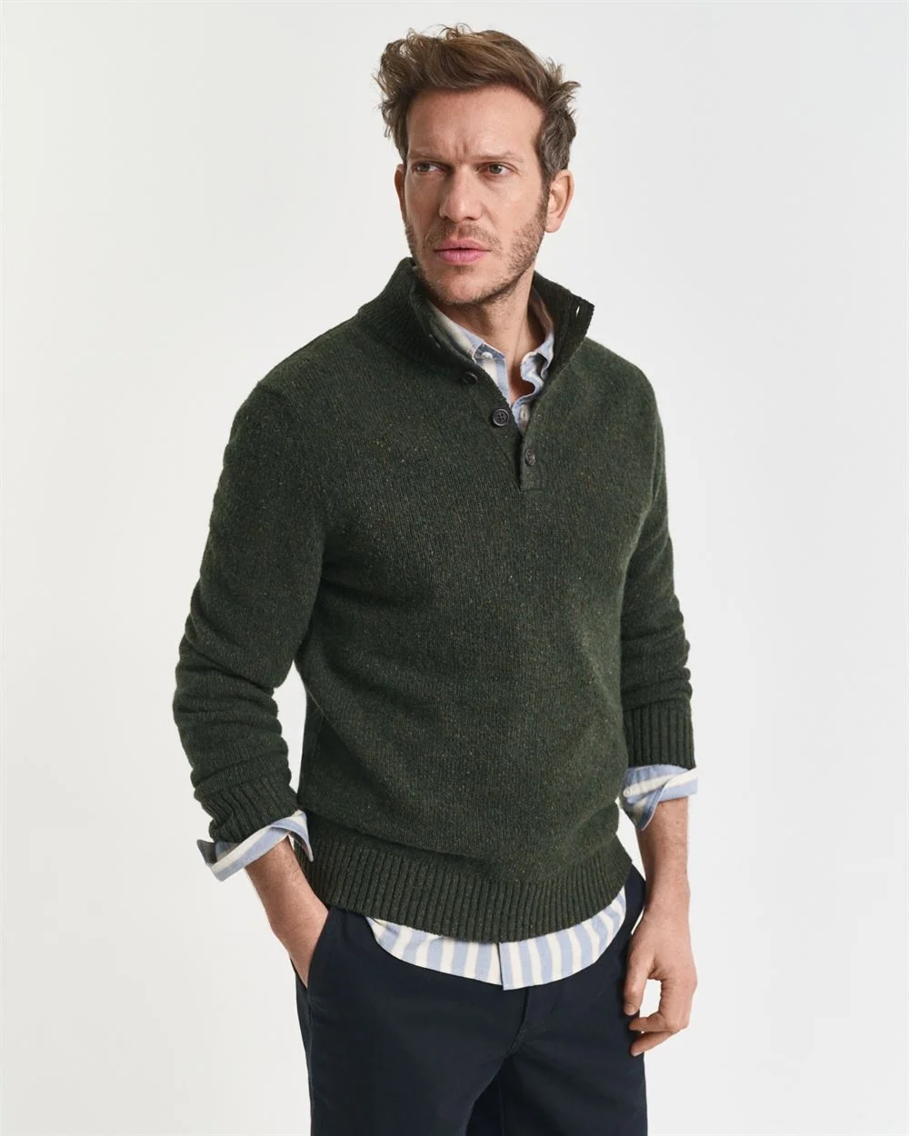 Gant Wool Blend Neps Half Buttoned Sweater - Green - XL