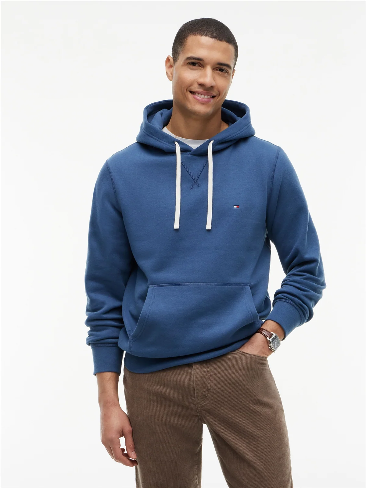 Tommy Hilfiger Peached Fleece Contrast Drawstring Hoodie - Blue - L