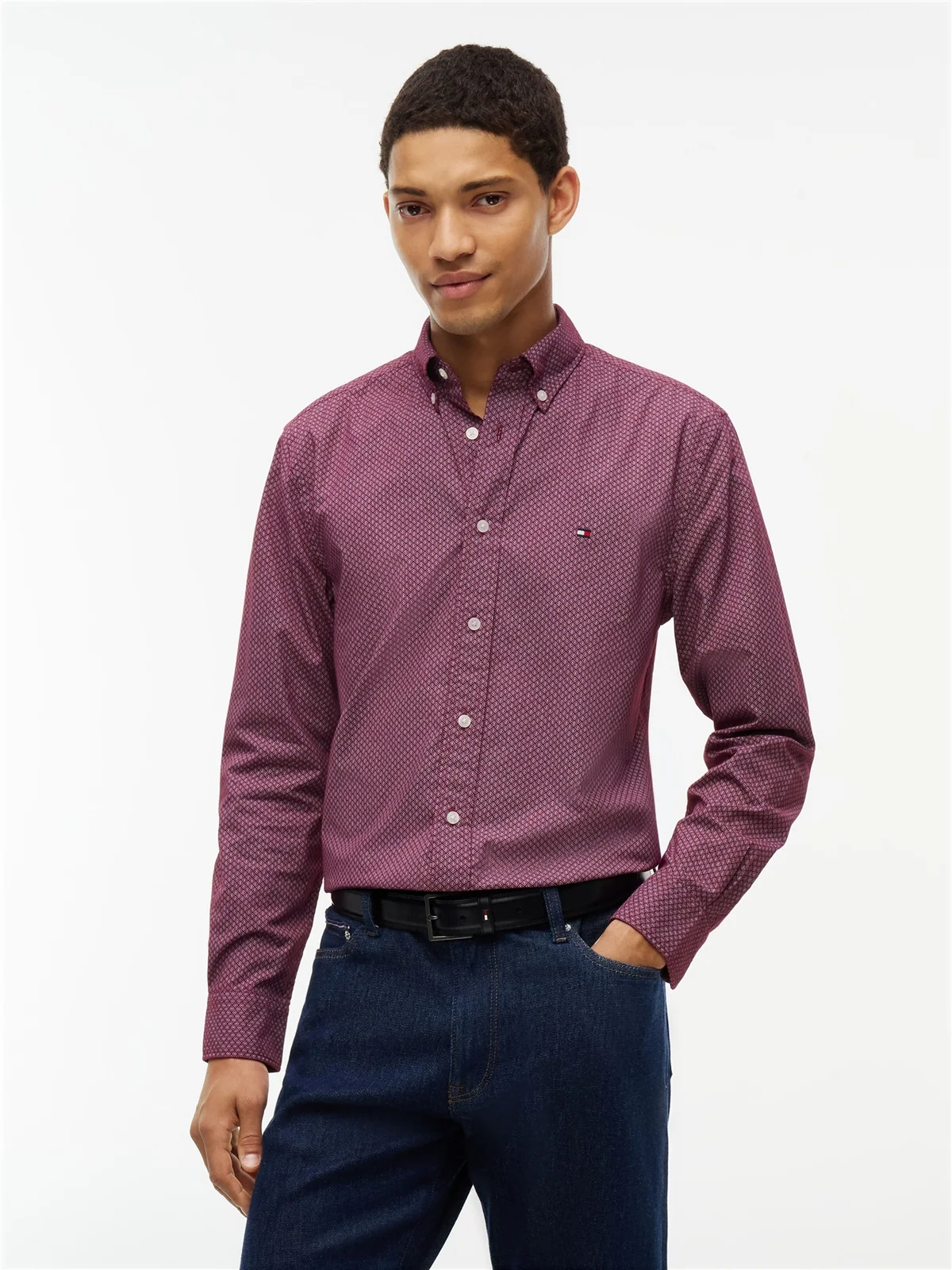 Tommy Hilfiger Flex Poplin Geo Print Regular Fit Shirt - Wine - L