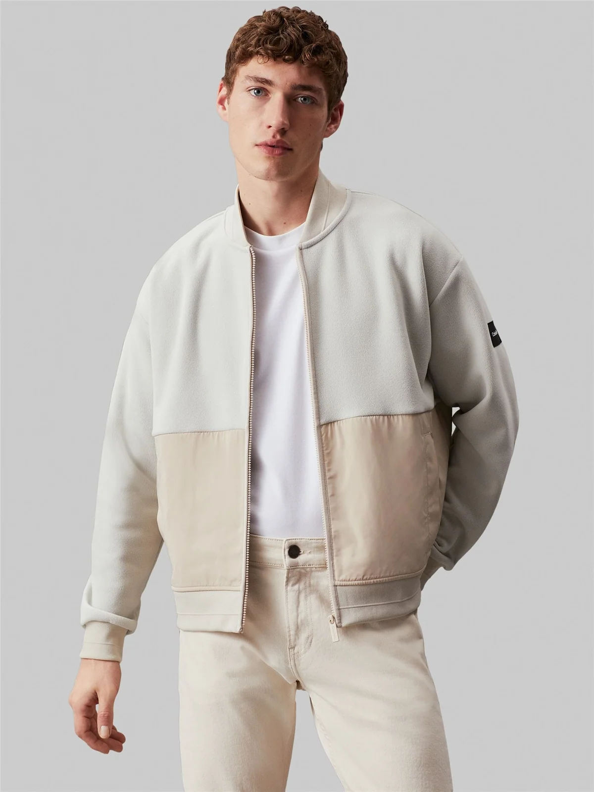 Calvin Klein Bonded Fleece Bomber Jacket - Beige - M