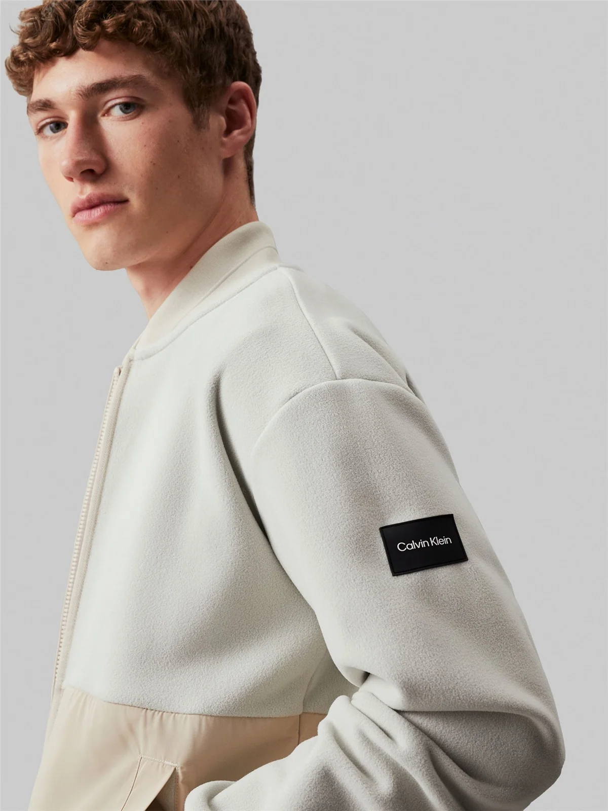 Calvin Klein Bonded Fleece Bomber Jacket - Beige - M