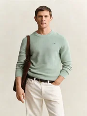 Gant Micro Textured Cotton Crew Neck Sweater - Green - XL