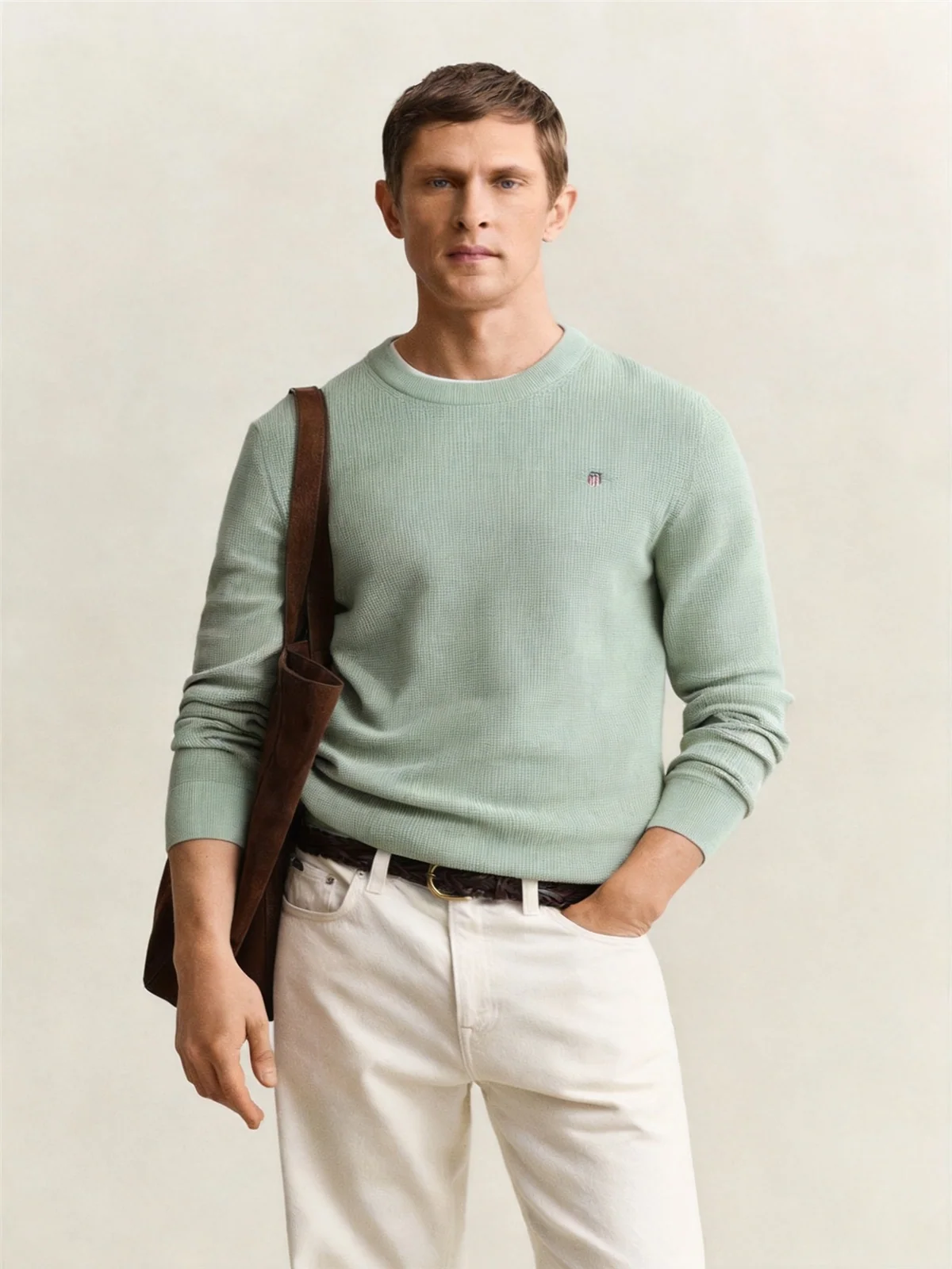 Gant Micro Textured Cotton Crew Neck Sweater - Green - XL