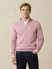 Fynch Hatton Fine Knit Cotton 1/4 Zip Sweater - Magnolia Pink - XL