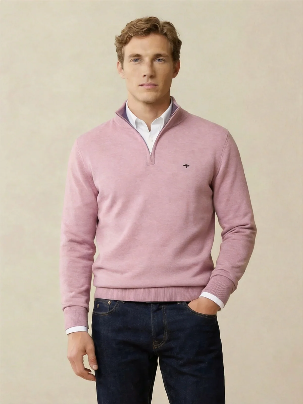 Fynch Hatton Fine Knit Cotton 1/4 Zip Sweater - Magnolia Pink - XL