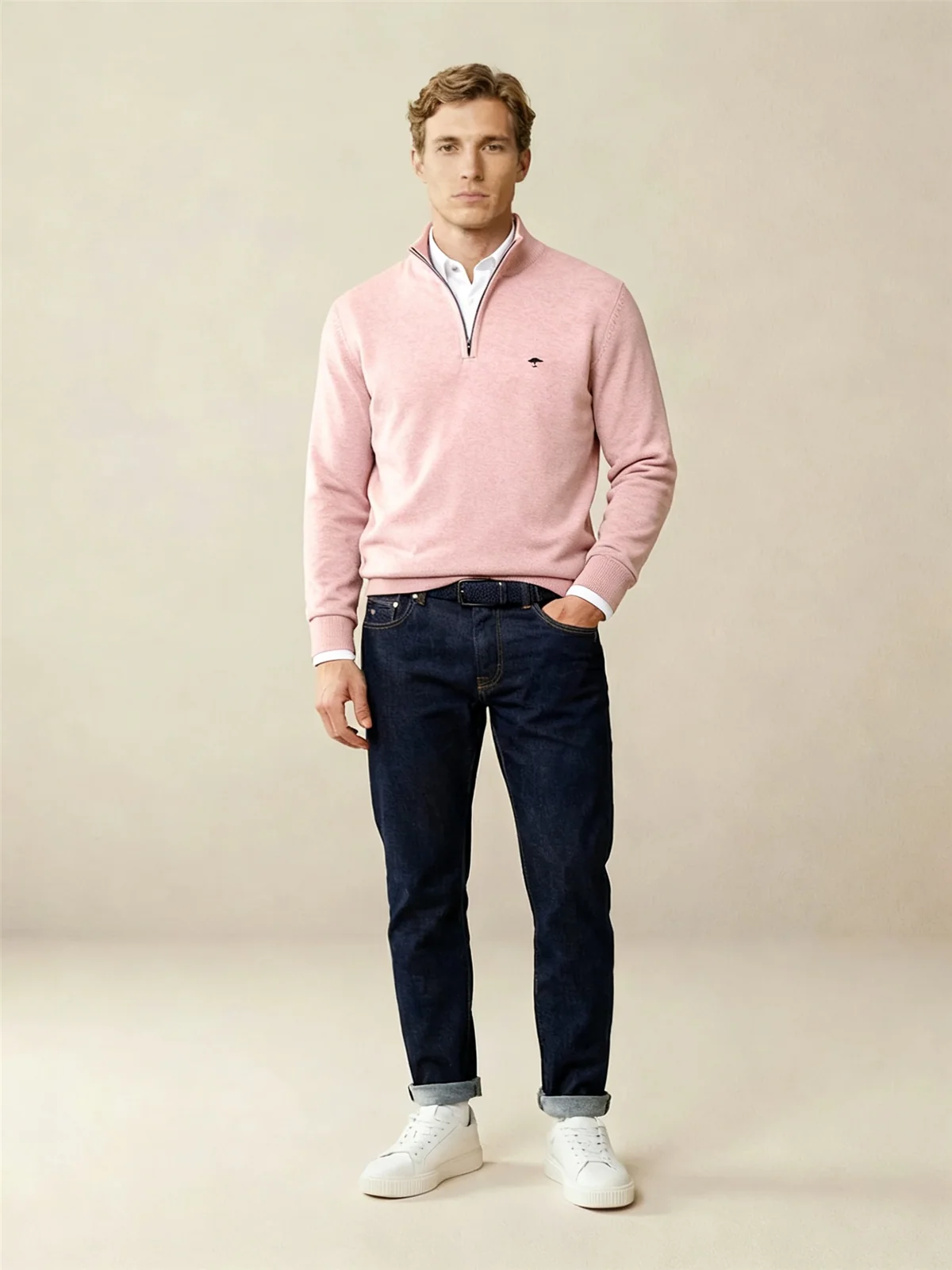 Fynch Hatton Fine Knit Cotton 1/4 Zip Sweater - Magnolia Pink - XL