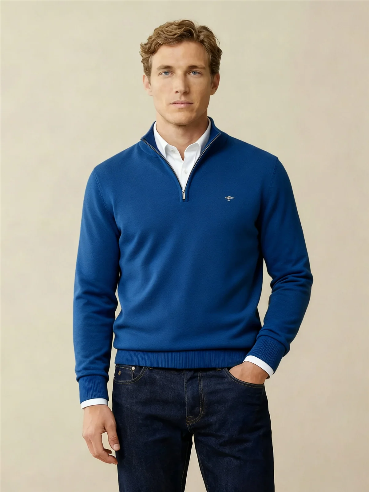 Fynch Hatton Fine Knit Cotton 1/4 Zip Sweater - Midnight Navy - L