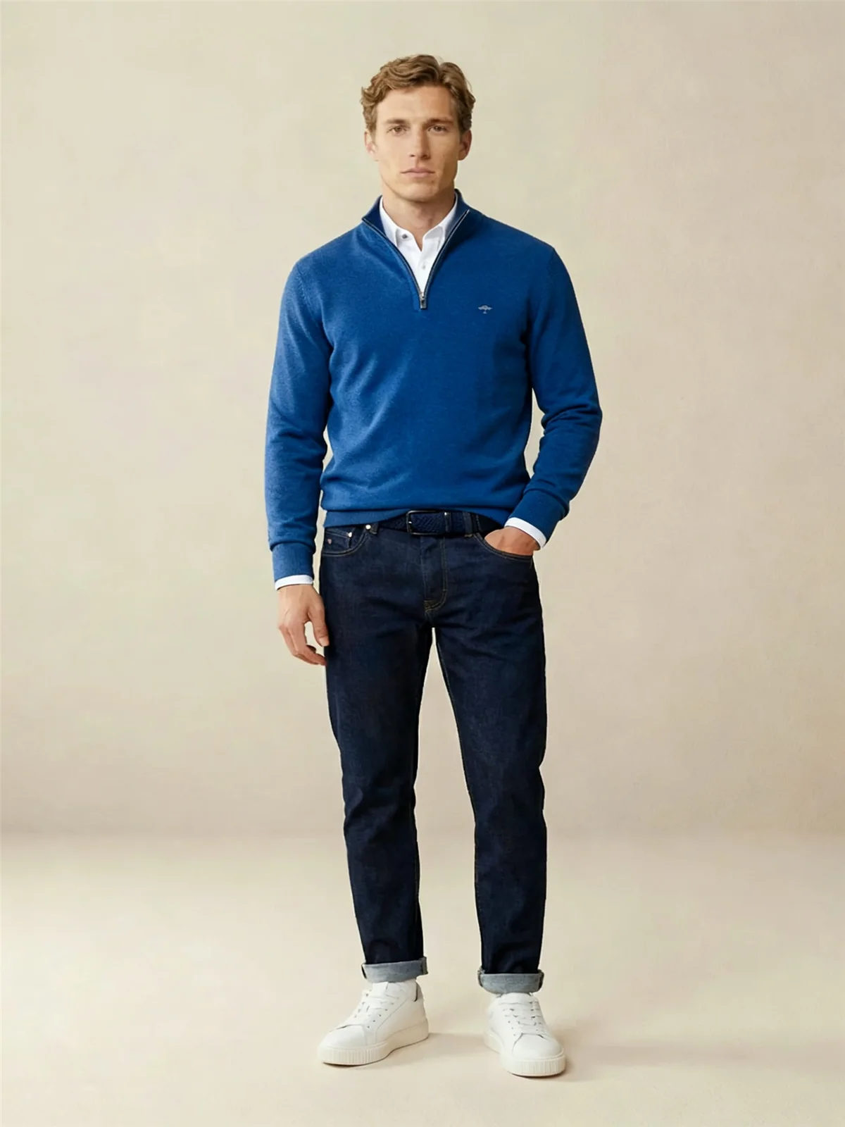Fynch Hatton Fine Knit Cotton 1/4 Zip Sweater - Midnight Navy - L