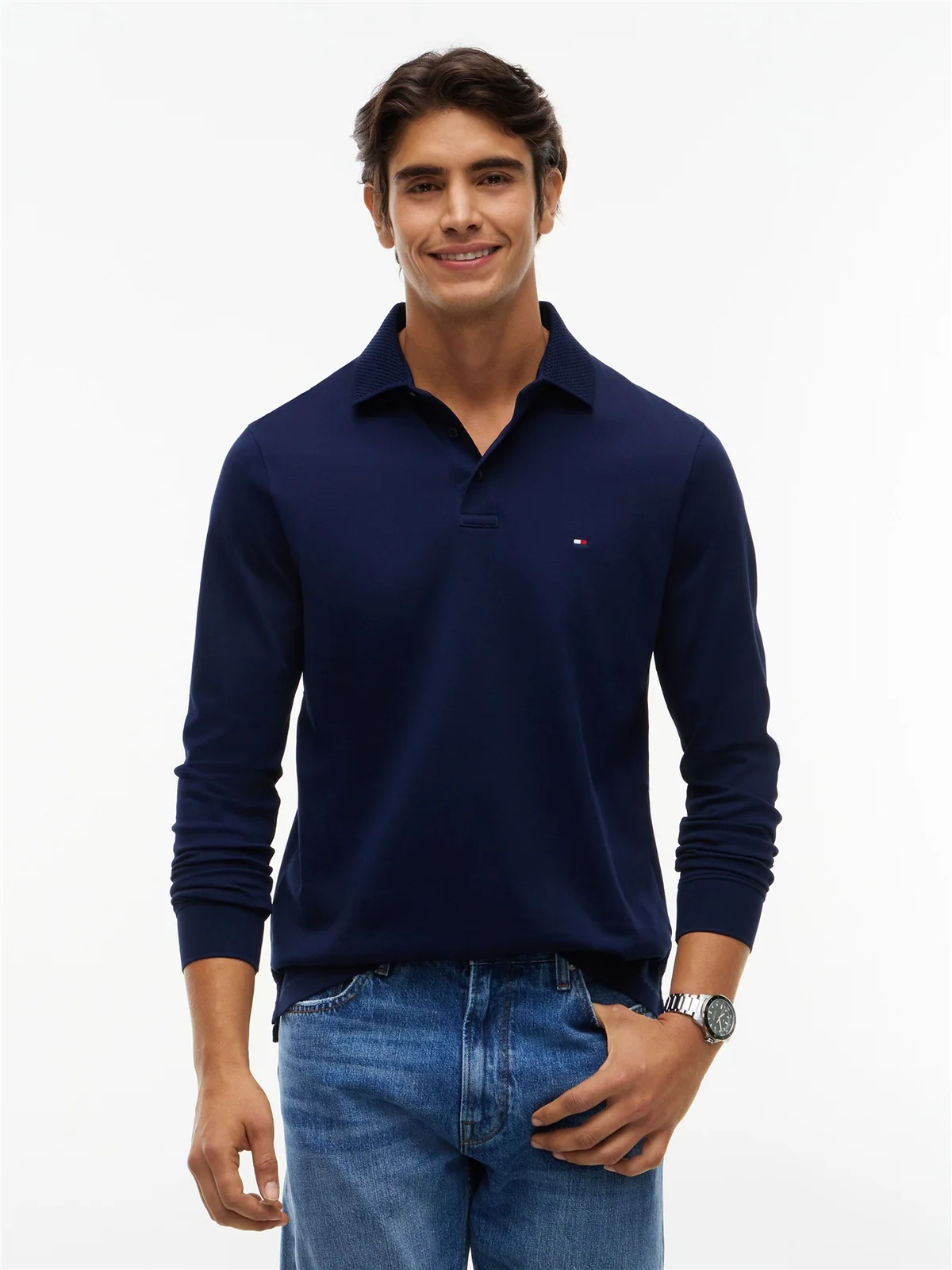 Tommy Hilfiger Regular Waffle Long Sleeve Polo Shirt - Navy - L