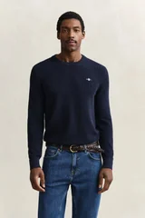 Gant Micro Textured Cotton Crew Neck Sweater - Dk Navy - L