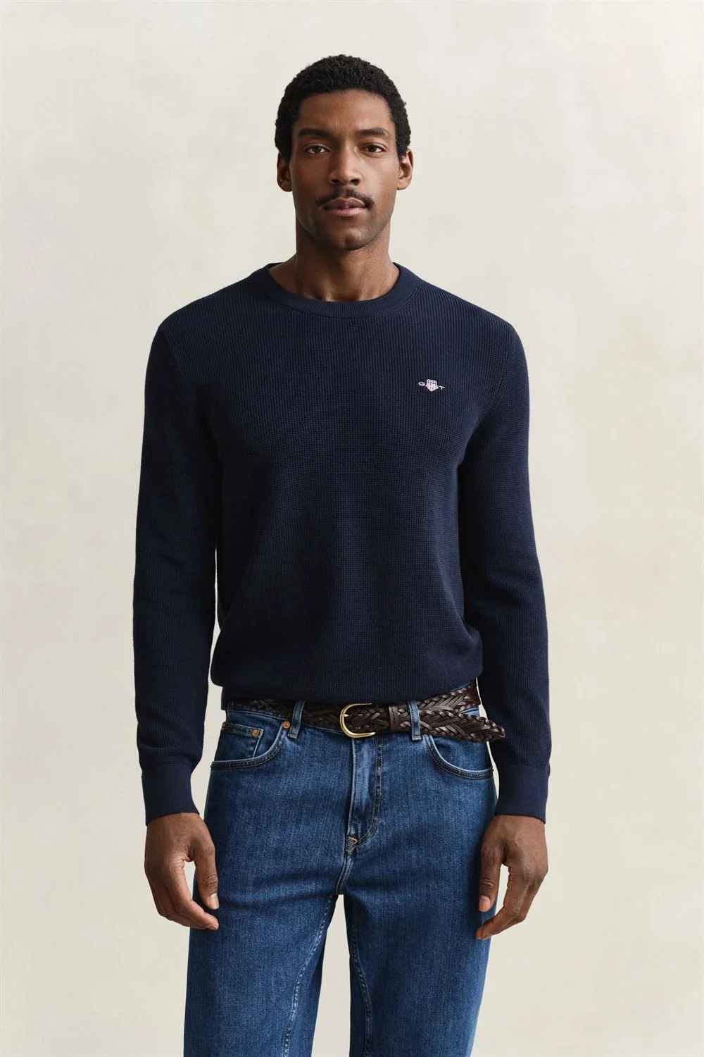 Gant Micro Textured Cotton Crew Neck Sweater - Dk Navy - L