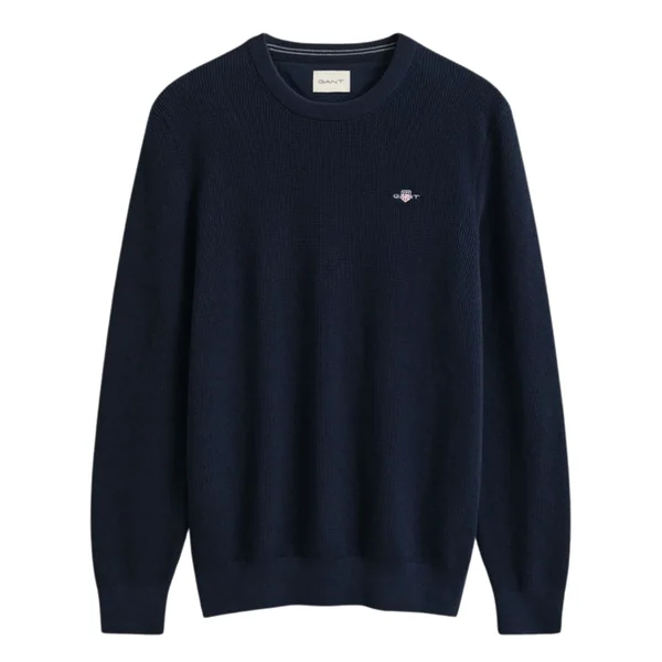Gant Micro Textured Cotton Crew Neck Sweater - Dk Navy - L