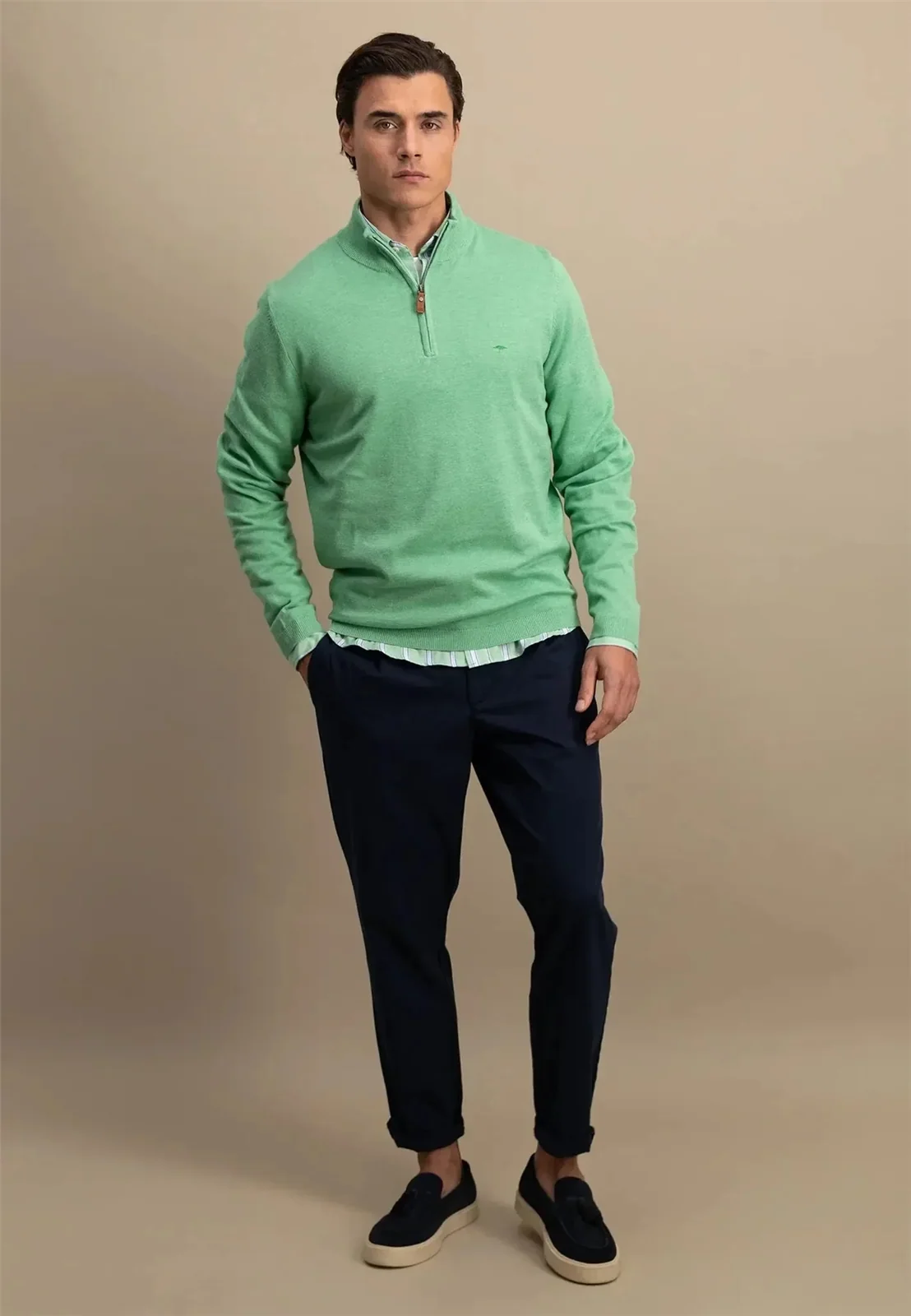 Fynch Hatton Air Cotton 1/4 Zip Knited Sweater - Green - XL