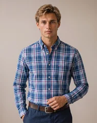 Fynch Hatton Cotton Dark Multicolor Check B.D. Shirt - Blue - M