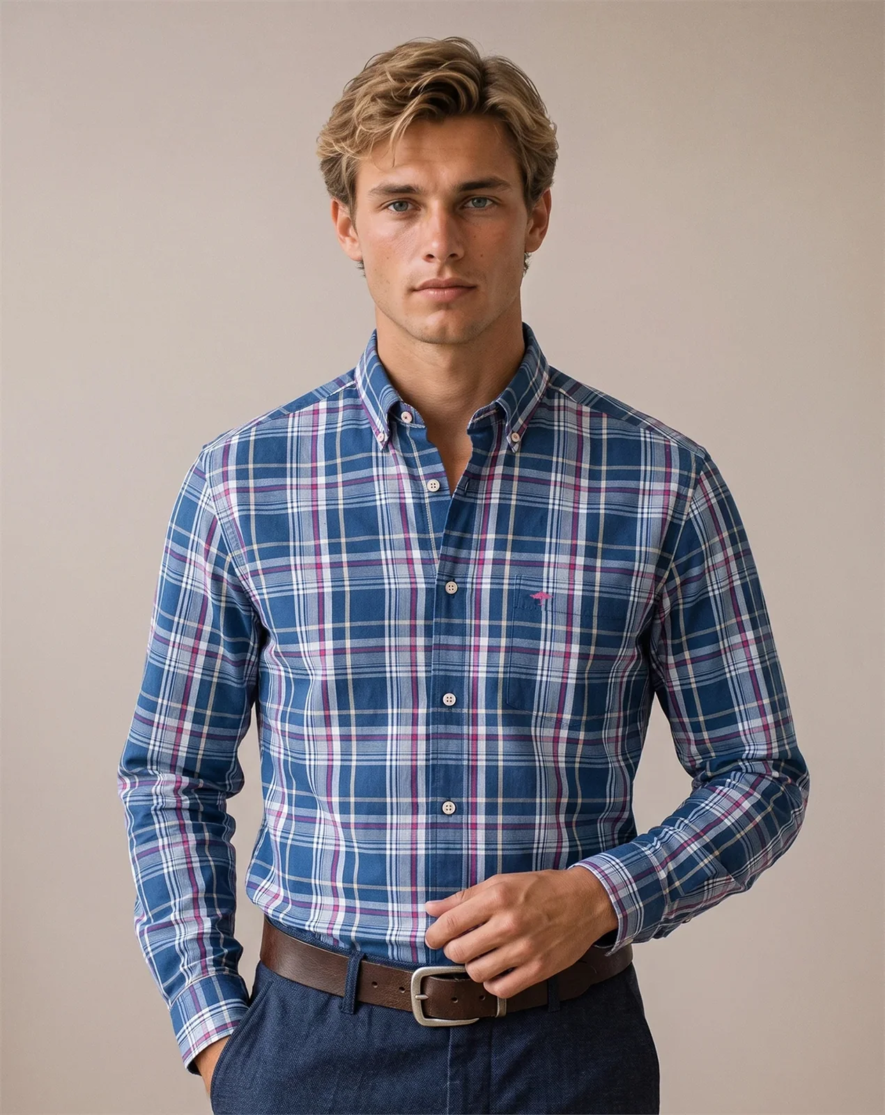 Fynch Hatton Cotton Dark Multicolor Check B.D. Shirt - Blue - M