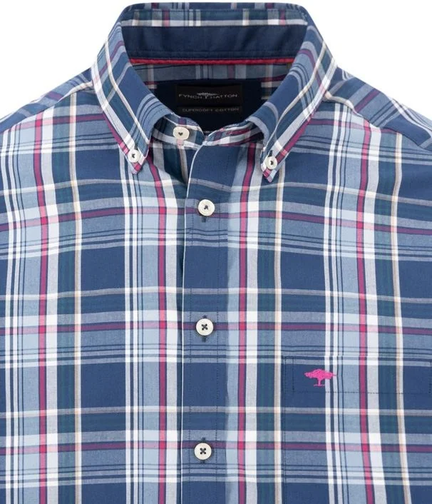 Fynch Hatton Cotton Dark Multicolor Check B.D. Shirt - Blue - M