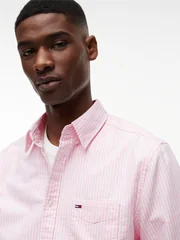 Tommy Jeans Regular Fit Flag Embroidery Striped Oxford Shirt - Pink - XL