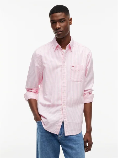 Tommy Jeans Regular Fit Flag Embroidery Striped Oxford Shirt - Pink - XL