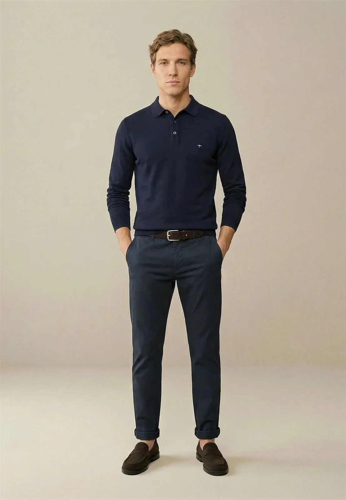 Fynch Hatton Longsleeve Superfine Polo Shirt - Navy - S