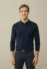 Fynch Hatton Longsleeve Superfine Polo Shirt - Navy - S