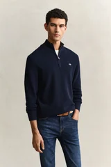 Gant Micro Textured Cotton Half Zip Sweater - Navy - 2XL