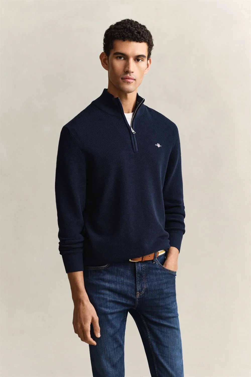 Gant Micro Textured Cotton Half Zip Sweater - Navy - 2XL