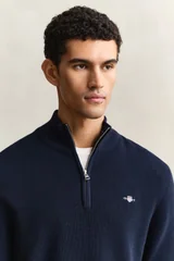 Gant Micro Textured Cotton Half Zip Sweater - Navy - 2XL