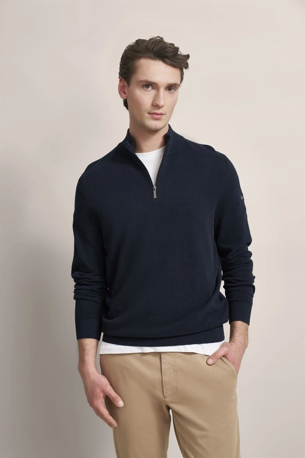 Bugatti Mens Troyer Birdeye Knit Zip Neck Sweater - Navy - L