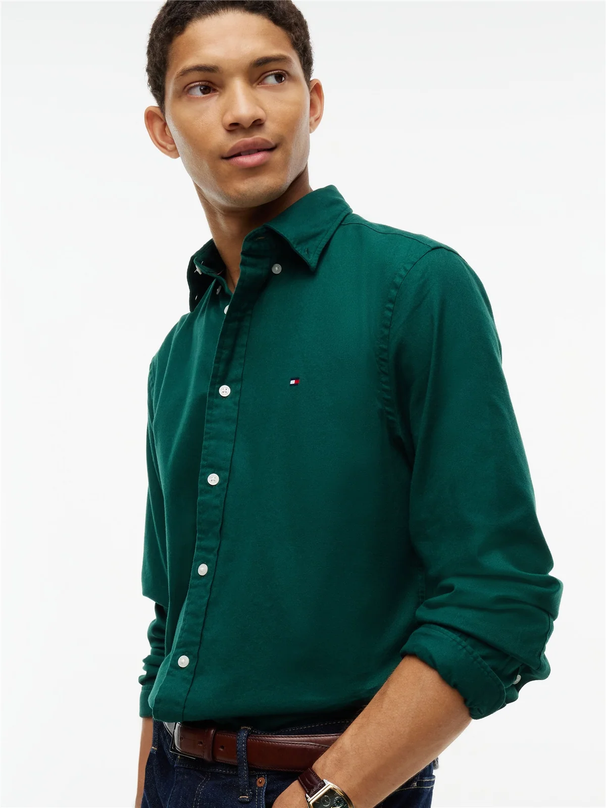Tommy Hilfiger Flex Flannel Solid Coloured Shirt - Green - L