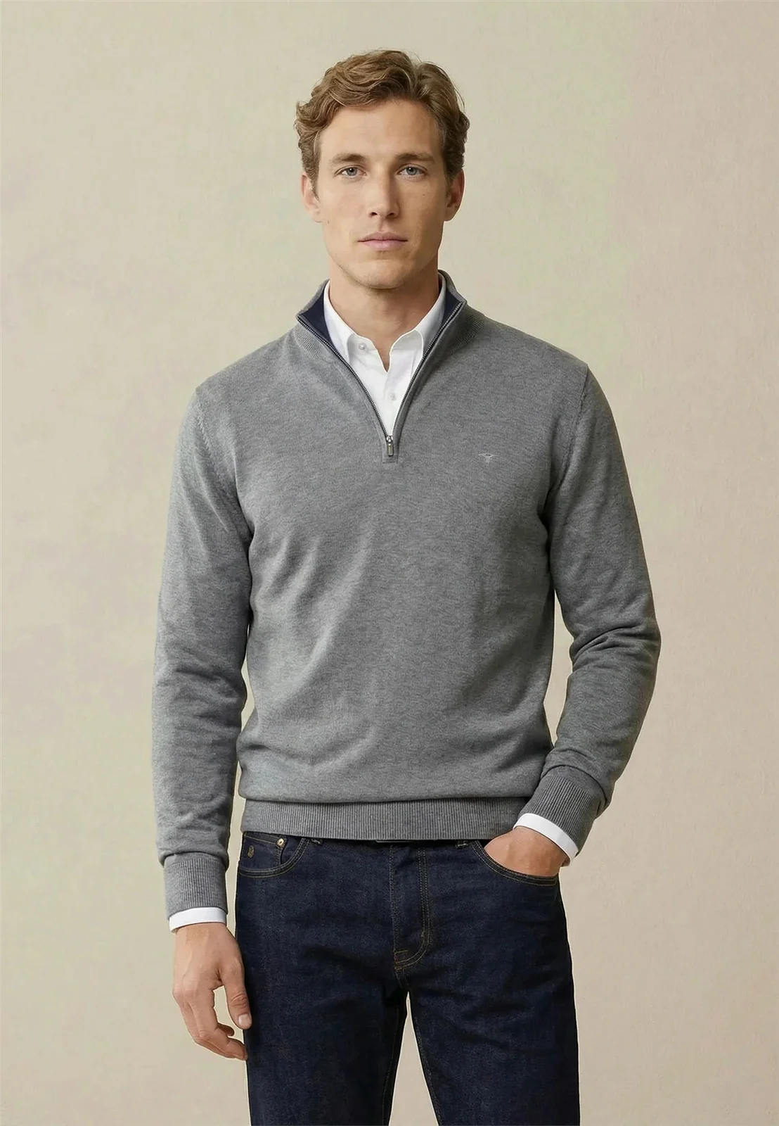 Fynch Hatton Fine Knit Cotton 1/4 Zip Sweater - Grey - L