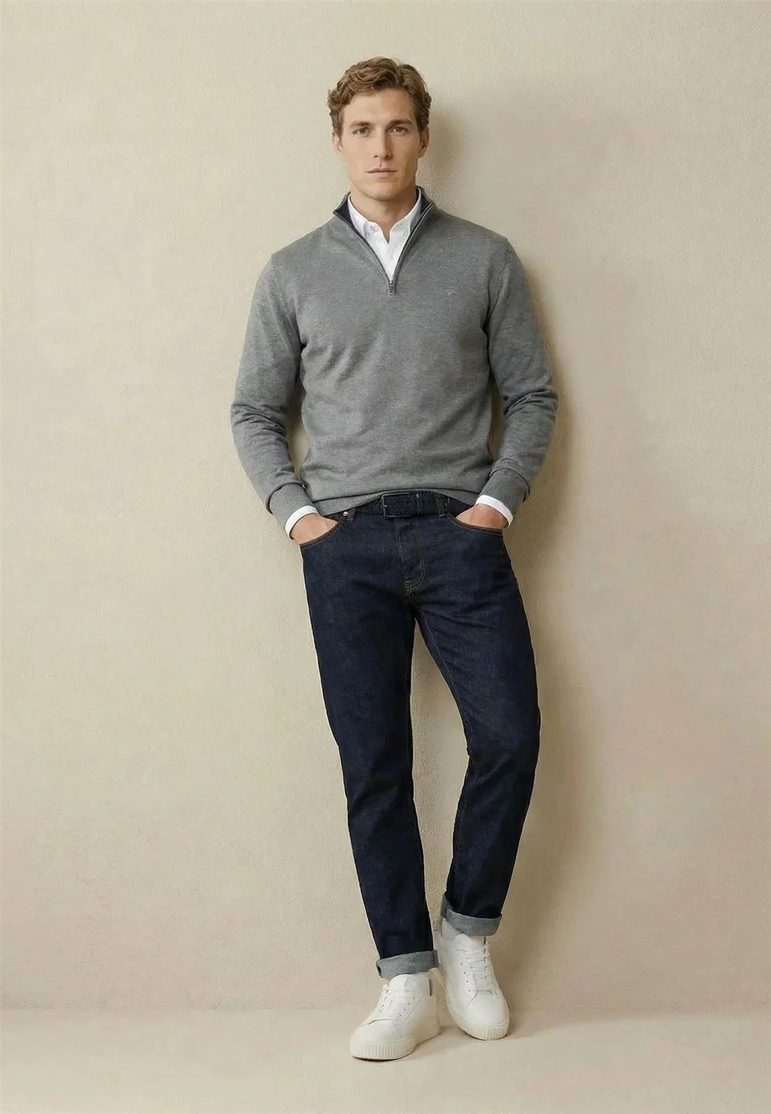 Fynch Hatton Fine Knit Cotton 1/4 Zip Sweater - Grey - L
