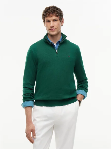 Tommy Hilfiger Pima Cotton Cashmere Blend Half Zip Sweater - Green - 2XL