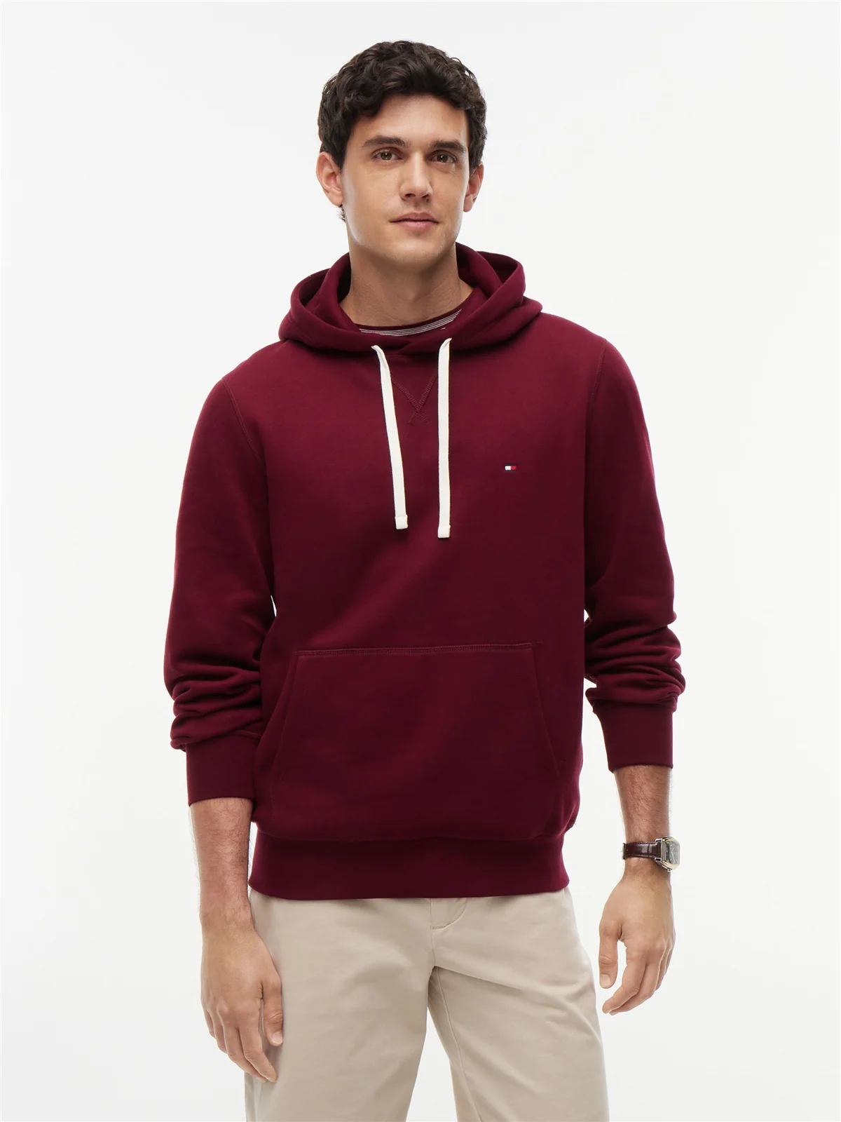 Tommy Hilfiger Peached Fleece Contrast Drawstring Hoodie - Wine - S