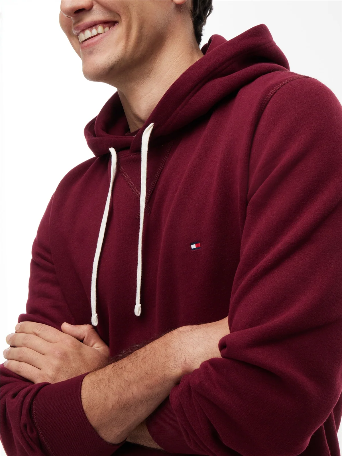 Tommy Hilfiger Peached Fleece Contrast Drawstring Hoodie - Wine - S