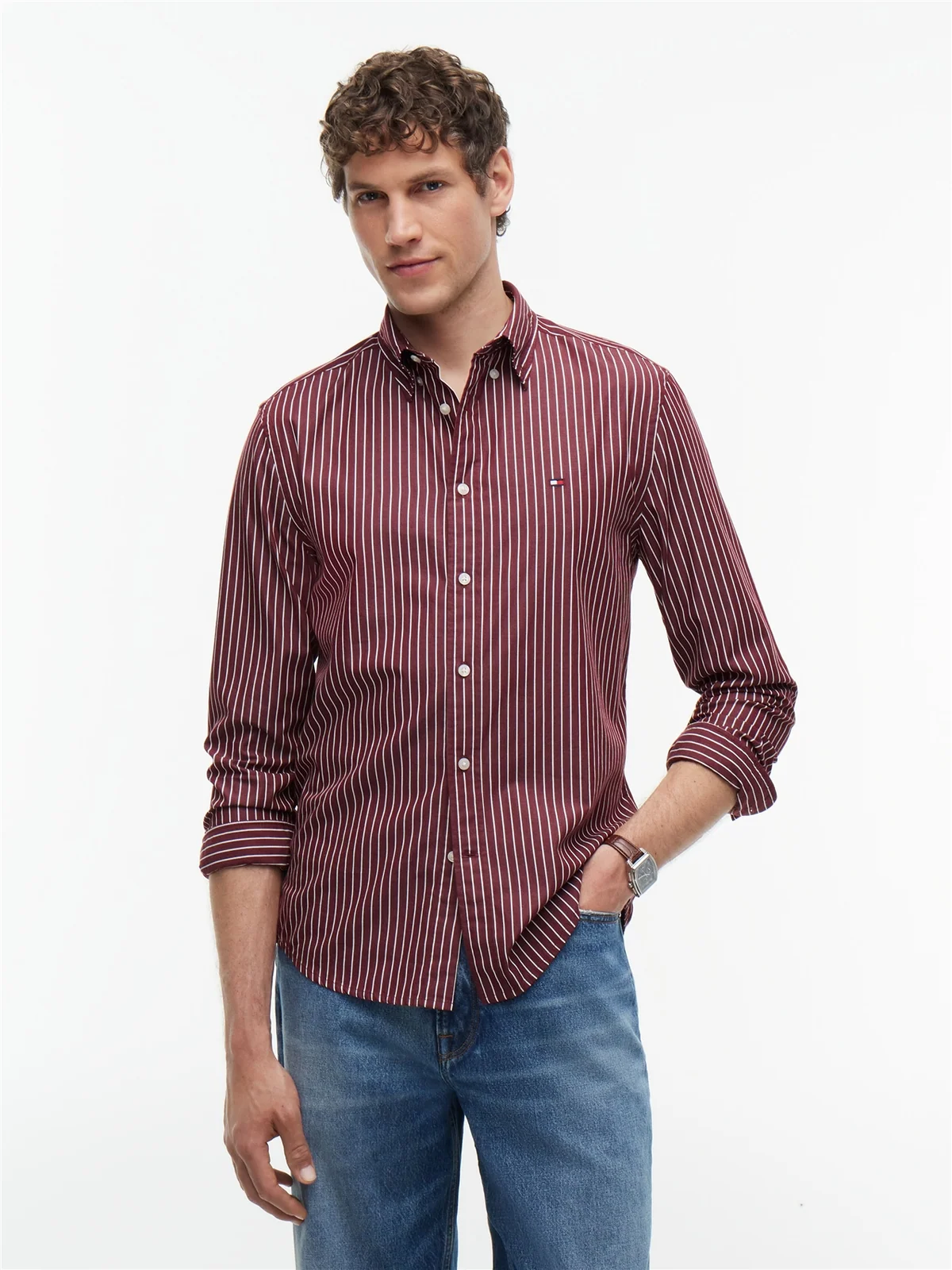 Tommy Hilfiger Flex Hairline Poplin Flex Shirt - Wine - L