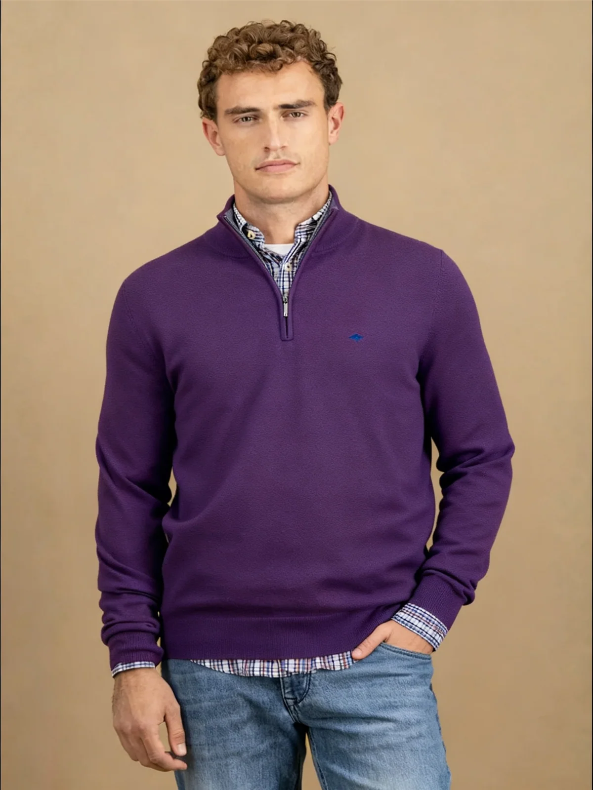 Fynch Hatton Cotton Troyer-Zip Structure Sweater - Purple - M